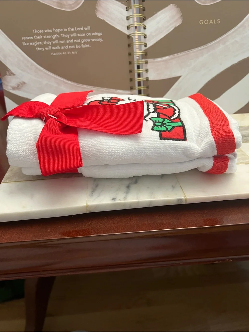Hello Kitty White Hand Towels with Red & Green Holiday Accents